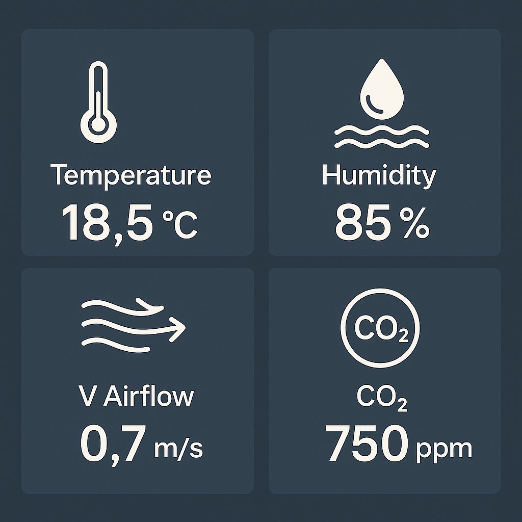 Řízené mikroklima — teplota, vlhkost, proudění, CO₂