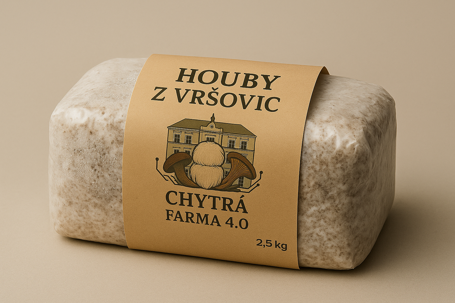 Pěstební blok s myceliem o hmotnosti 2,5 kg od městské farmy Houby z Vršovic s etiketou Chytrá Farma
